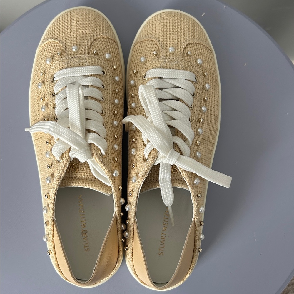 Stuart Weitzman Natural Embellished Platform Sneakers Sz 7 US $395 - Picture 10 of 15